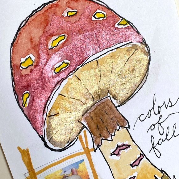 Mushroom Colors of Fall Blank Greeting Card Original Handmade Watercolor Collage - Picture 2 of 5